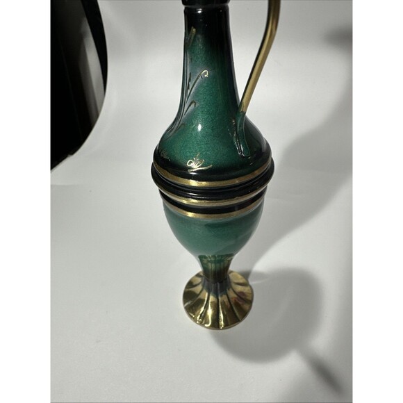 Vintage Green Brass & Enamel Ewer Pitcher – Hand Painted – Israel 6.5” - Picture 7 of 7